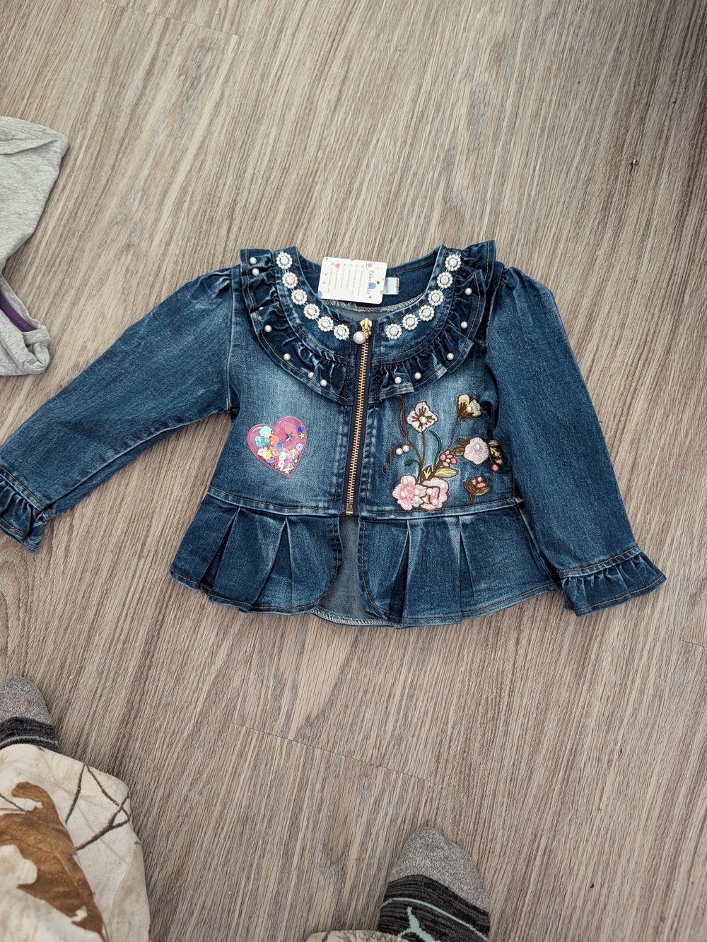 Peacolate Toddler Girl Pearl & Floral Embroidered Peplum Denim Jacket Size 1-2Y